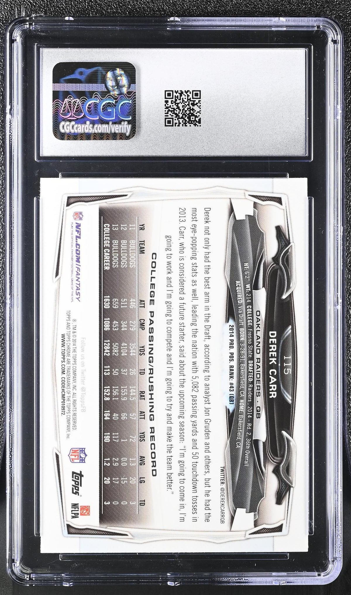 2014 Topps Chrome #115 Derek Carr Refractor CGC 9