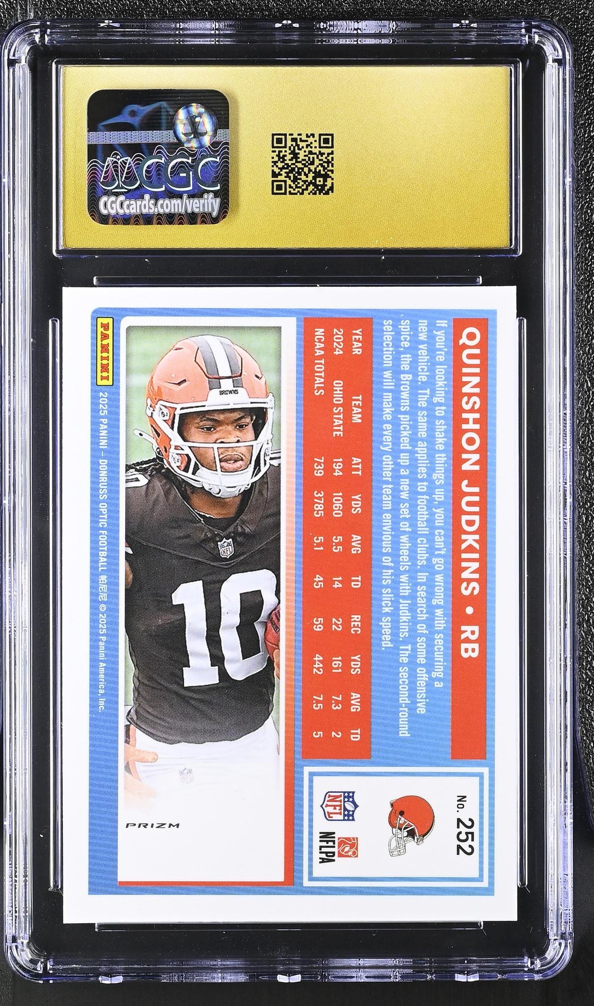2025 Donruss Optic #252 Quinshon Judkins Purple Shock CGC 10