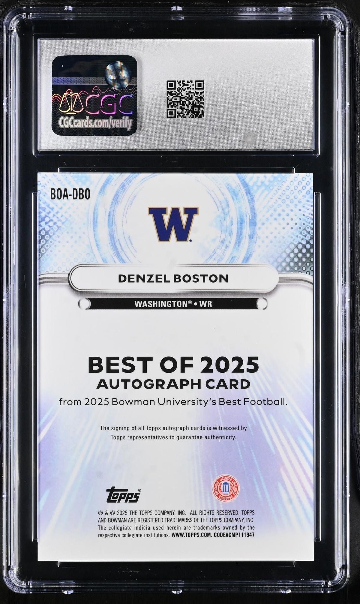 2025 Bowman #BOA-DBO Denzel Boston Best of '25 Autographs /50 Auto CGC 9