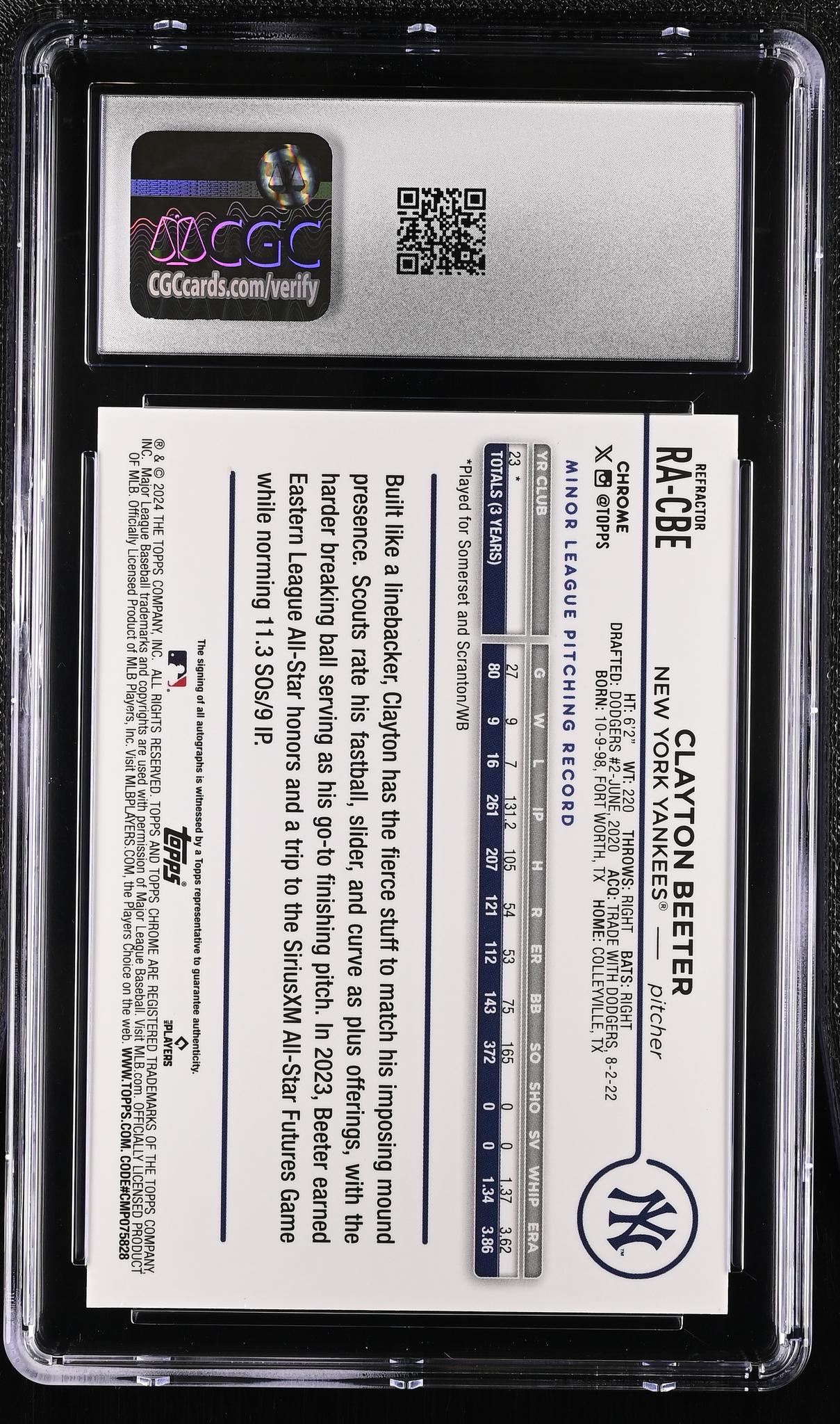 2024 Topps Chrome #RA-CBE Clayton Beeter Rookie Autographs /499 Auto CGC 9