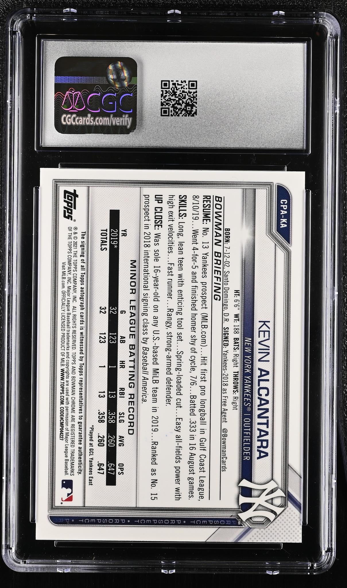 2021 Bowman #CPA-KA Kevin Alcantara Chrome Prospect Autographs Auto CGC 10