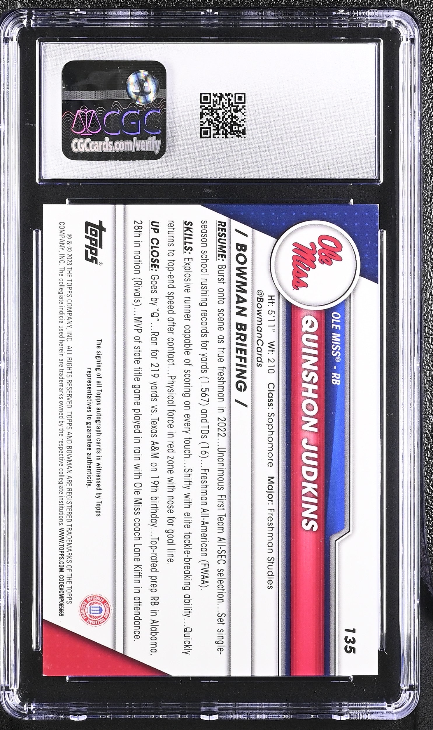 2023 Bowman Chrome #135 Quinshon Judkins Prospect Autographs Auto CGC 8