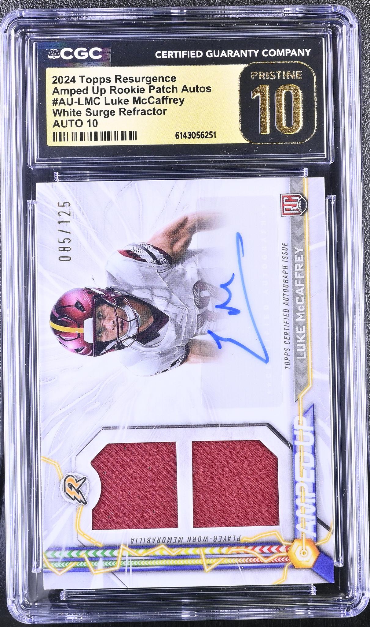 2024 Resurgence # Luke McCaffrey Amped Up Rookie Patch Autos /125 Auto CGC 10