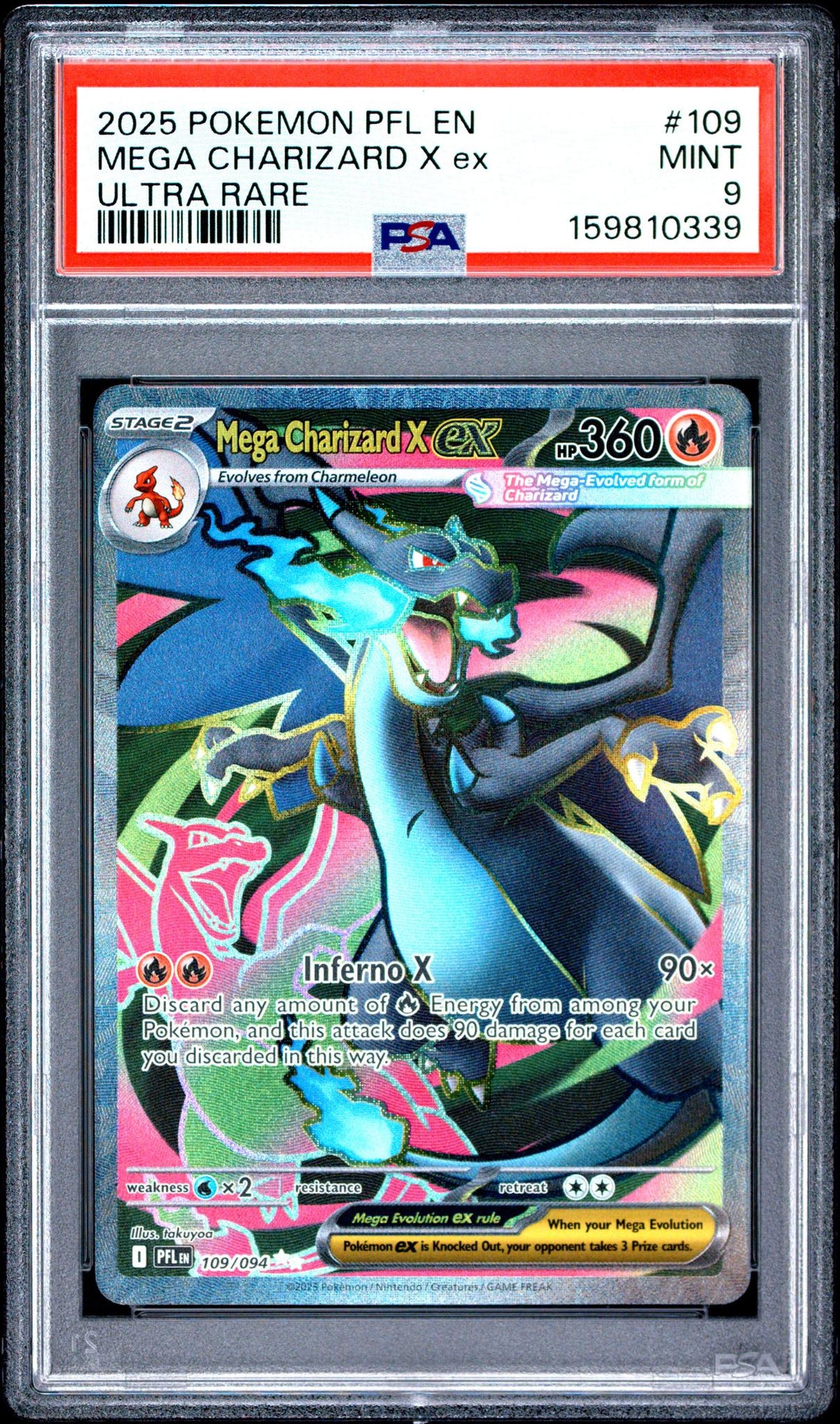 2025 Pokemon Mega Evolution Phantasmal Flames Ultra Rare Mega Charizard X Ex #109 PSA 9