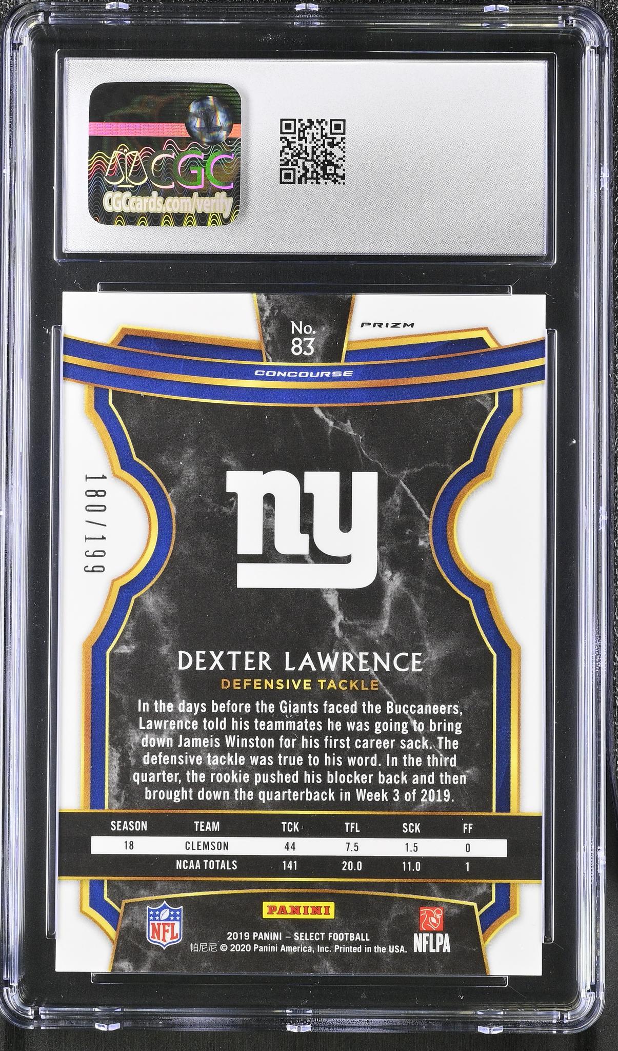 2019 Select #83 Dexter Lawrence Tri-Color /199 CGC 10