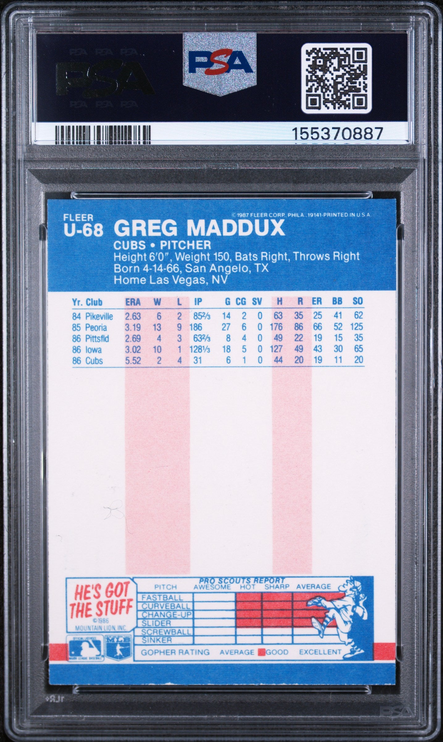 1987 Fleer Update Greg Maddux #U68 PSA 7