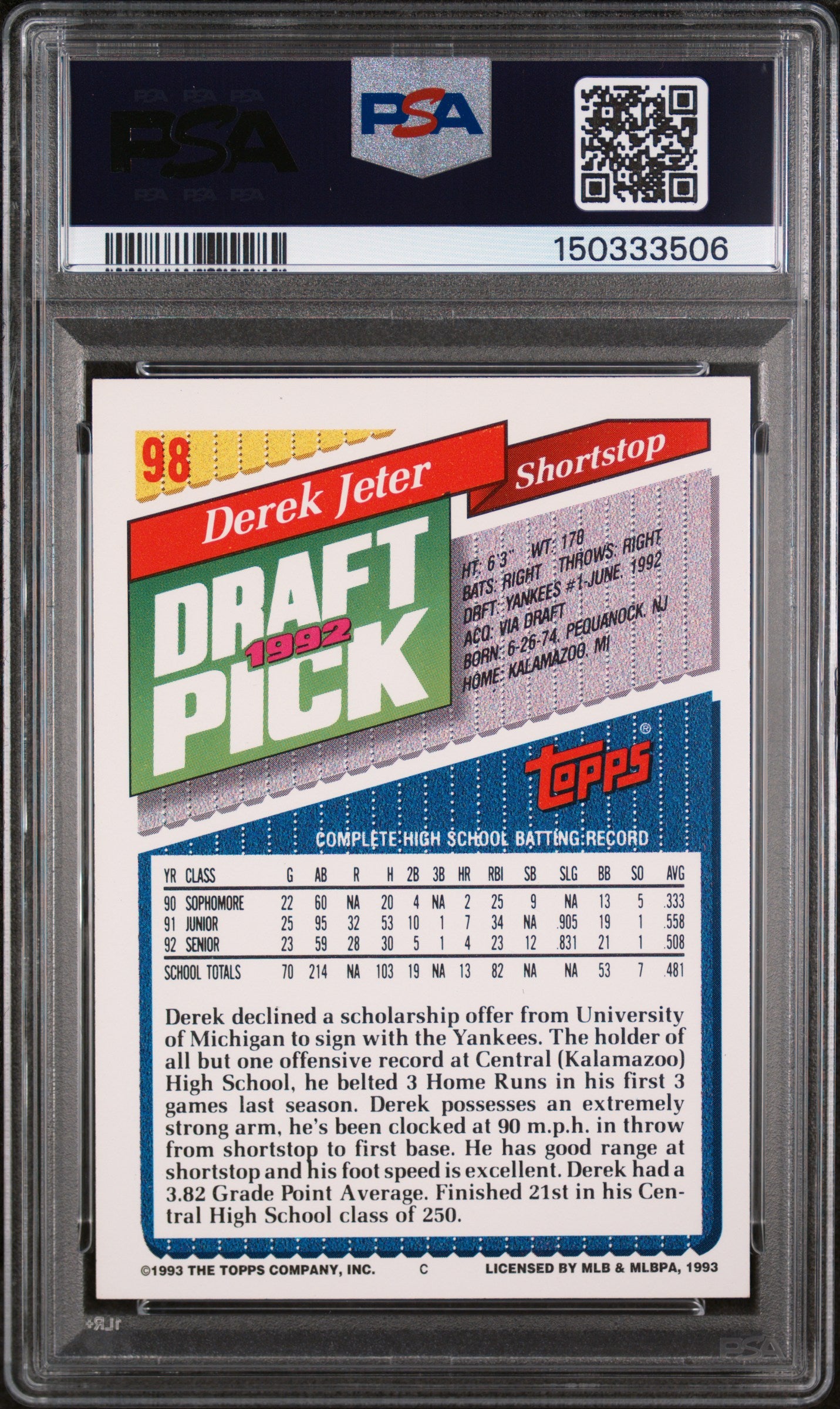 1993 Topps Derek Jeter #98 PSA 7
