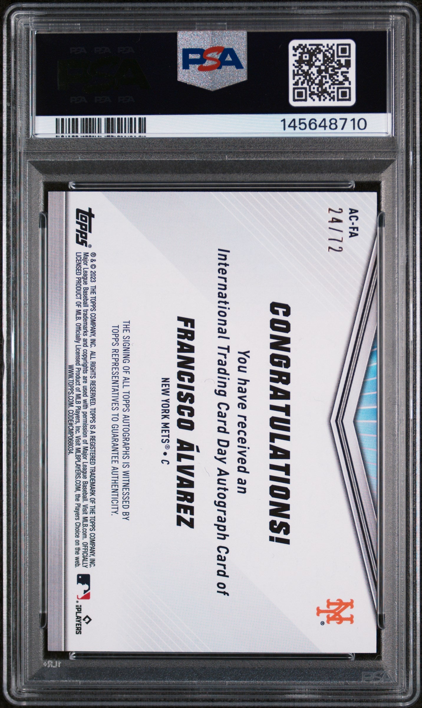 2023 Topps International Trading Card Day Baseball Autographs Francisco Alvarez #ACFA /72 PSA 9