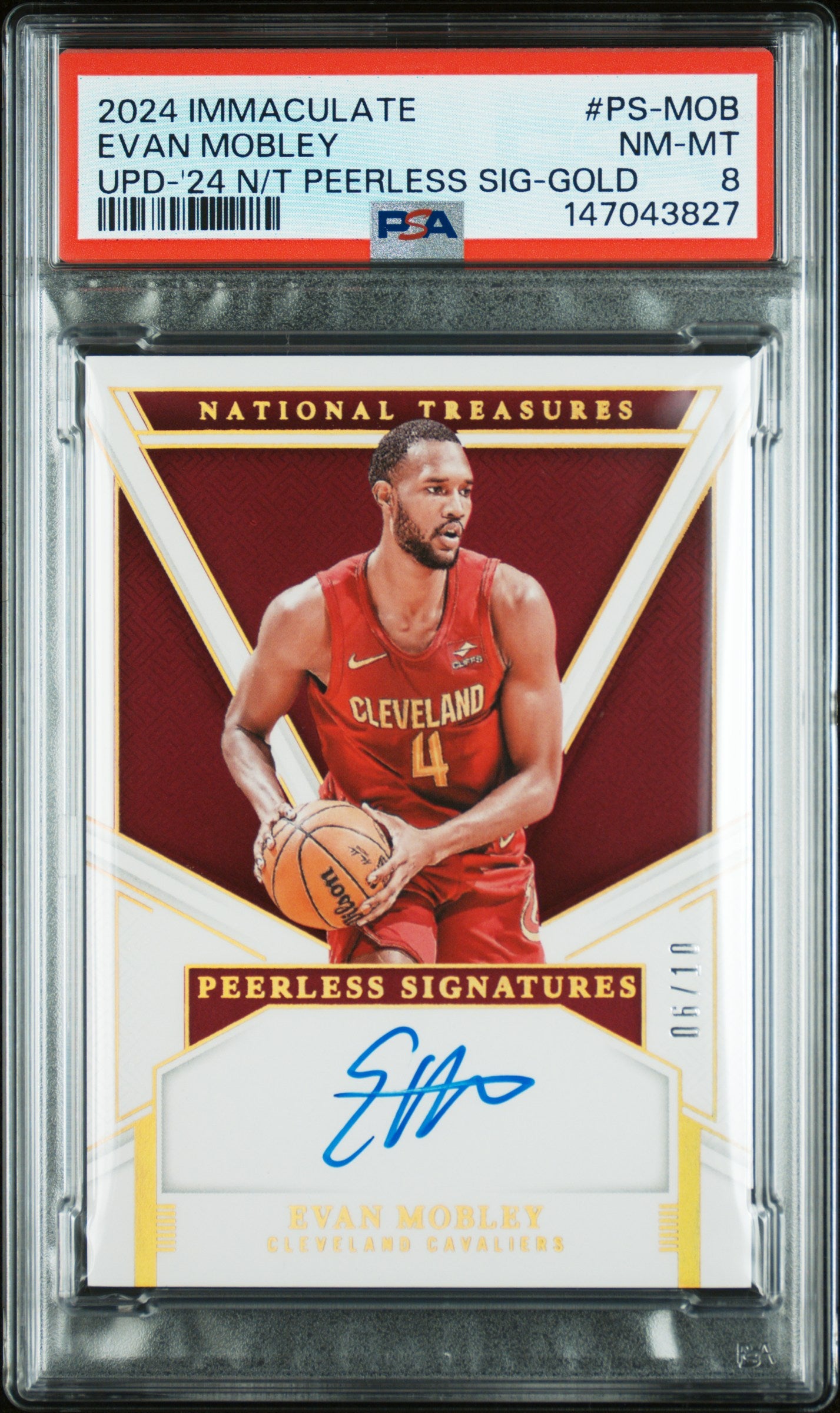 2024 Panini Immaculate Collection Update 2024-25 National Treasures Peerless Signatures-Gold Evan Mobley #PS-MOB /10 PSA 8