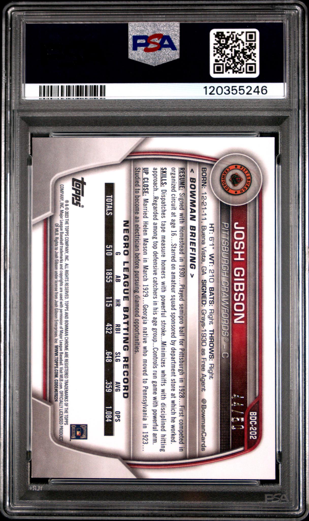 2023 Bowman Draft Chrome Retrofractor Gold Refractor Josh Gibson #BDC202 /50 PSA 10