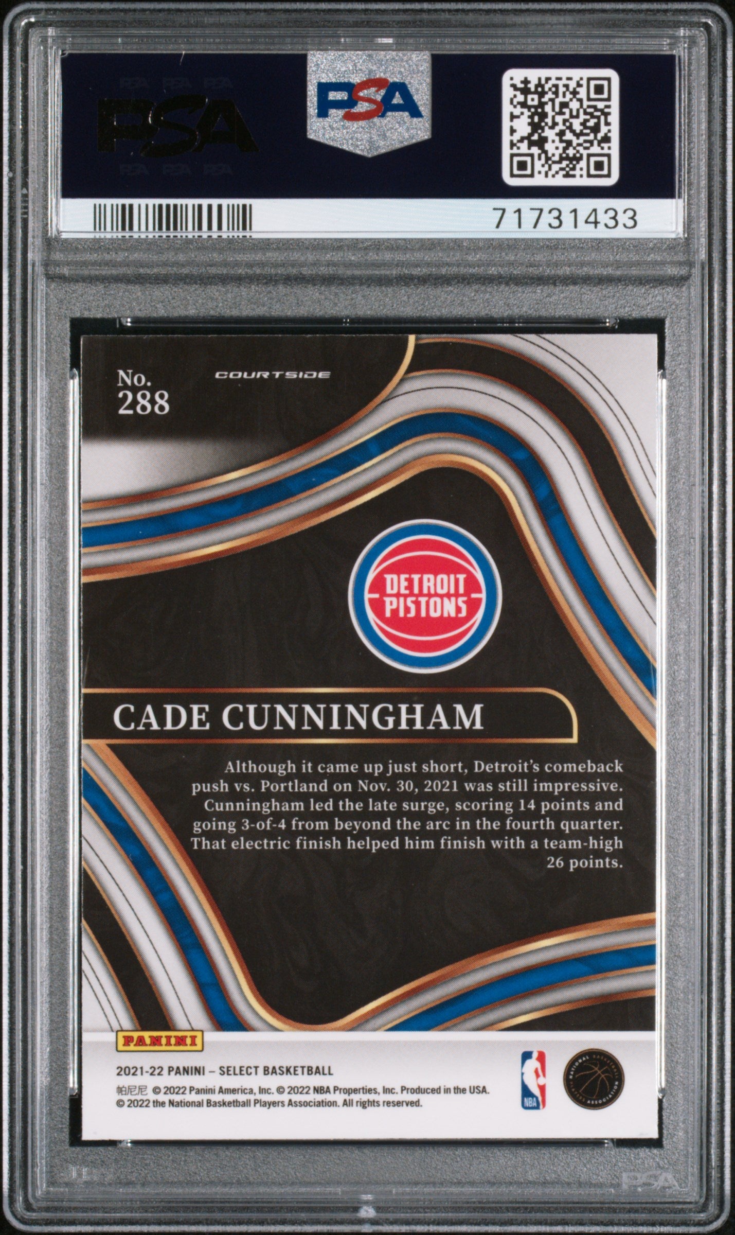 2021 Panini Select Concourse Cade Cunningham #288 PSA 10