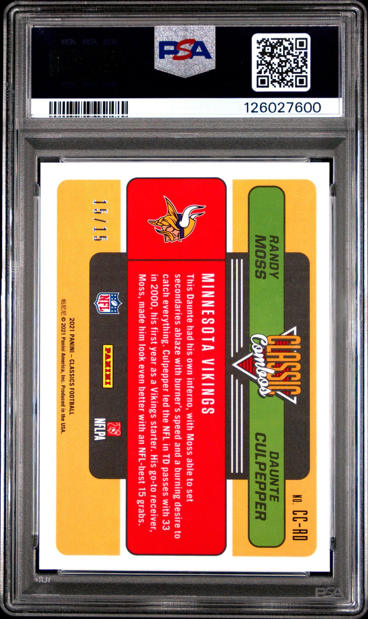 2021 Panini Classics Classic Combos Green Daunte Culpepper/Randy Moss #CC-RD 15/15 PSA 8