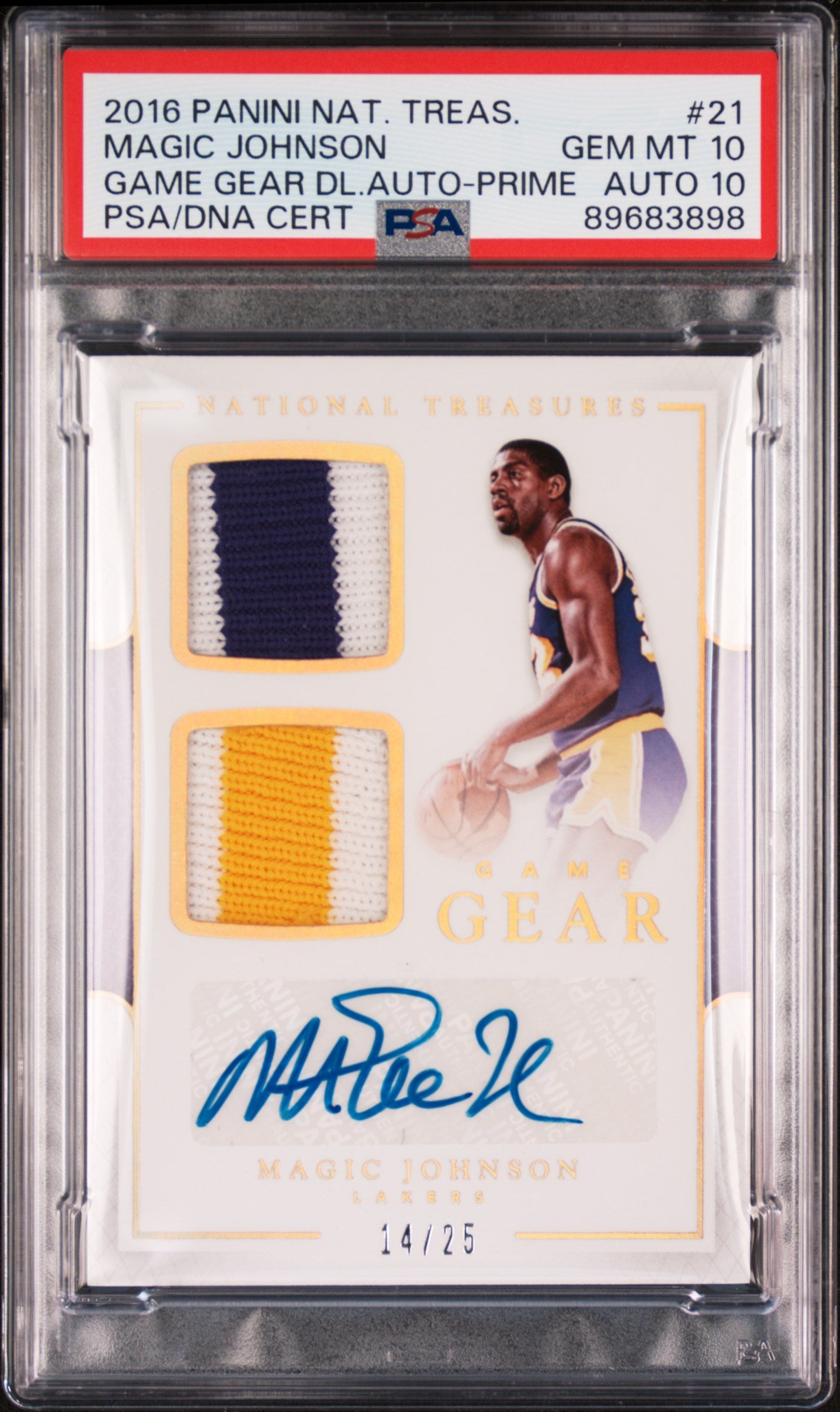 2016 National Treasures Game Gear Dual Jersey Autograph Prime Magic Johnson #21 /25 PSA 10