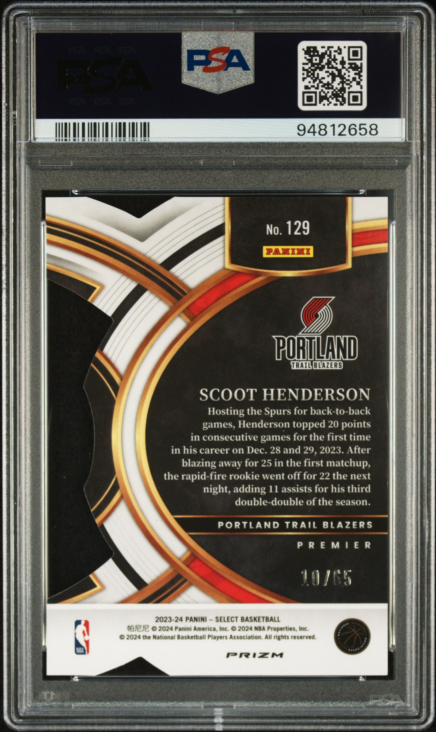 2023 Panini Select Orange Die-Cut Scoot Henderson #129 /65 PSA 10