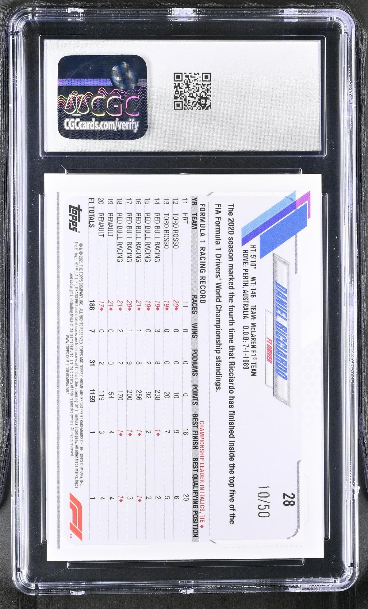 2021 Topps Chrome #28 Daniel Ricciardo Gold Refractor /50 CGC 10