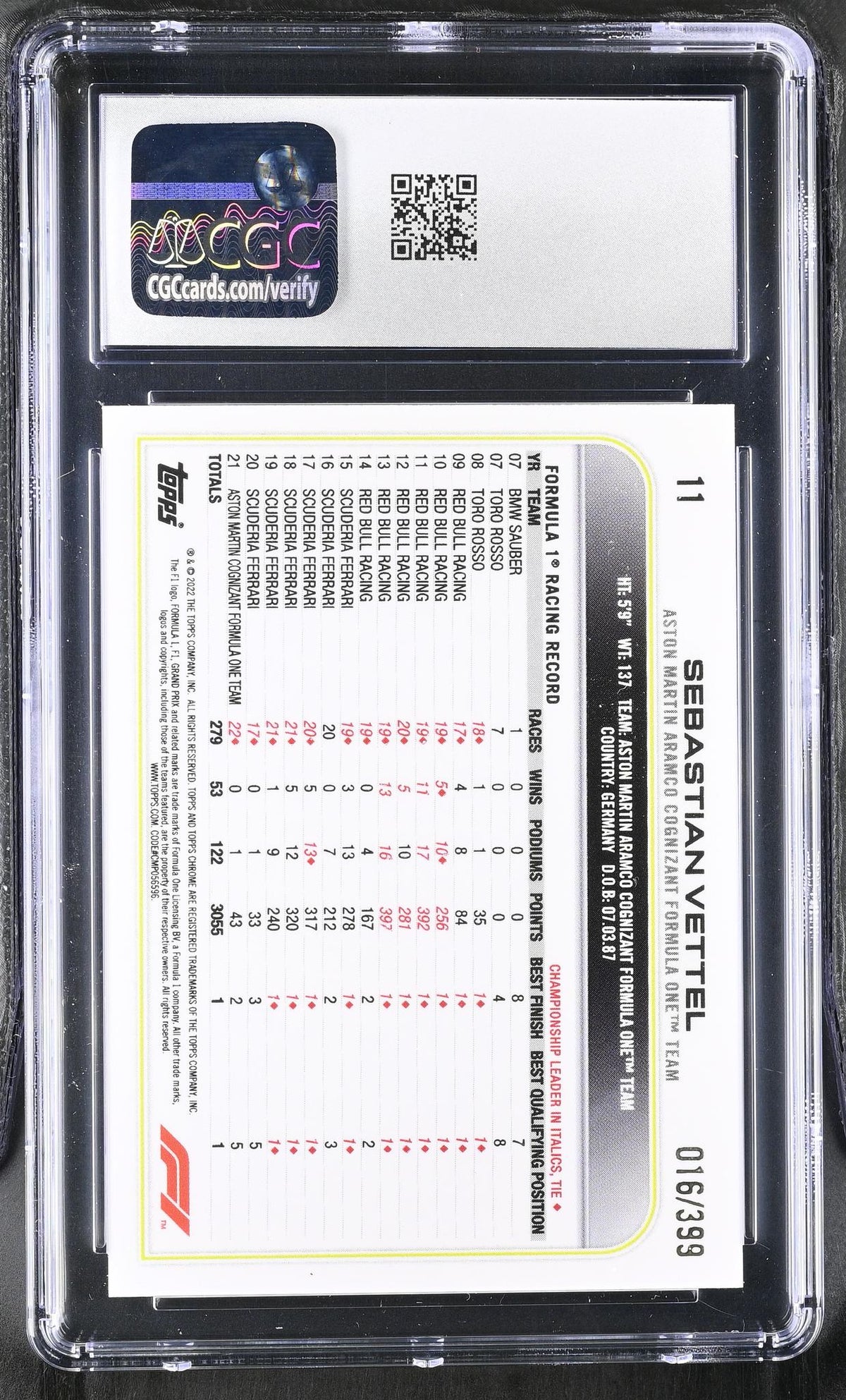 2022 Topps Chrome #11 Sebastian Vettel Purple Refractor /399 CGC 9
