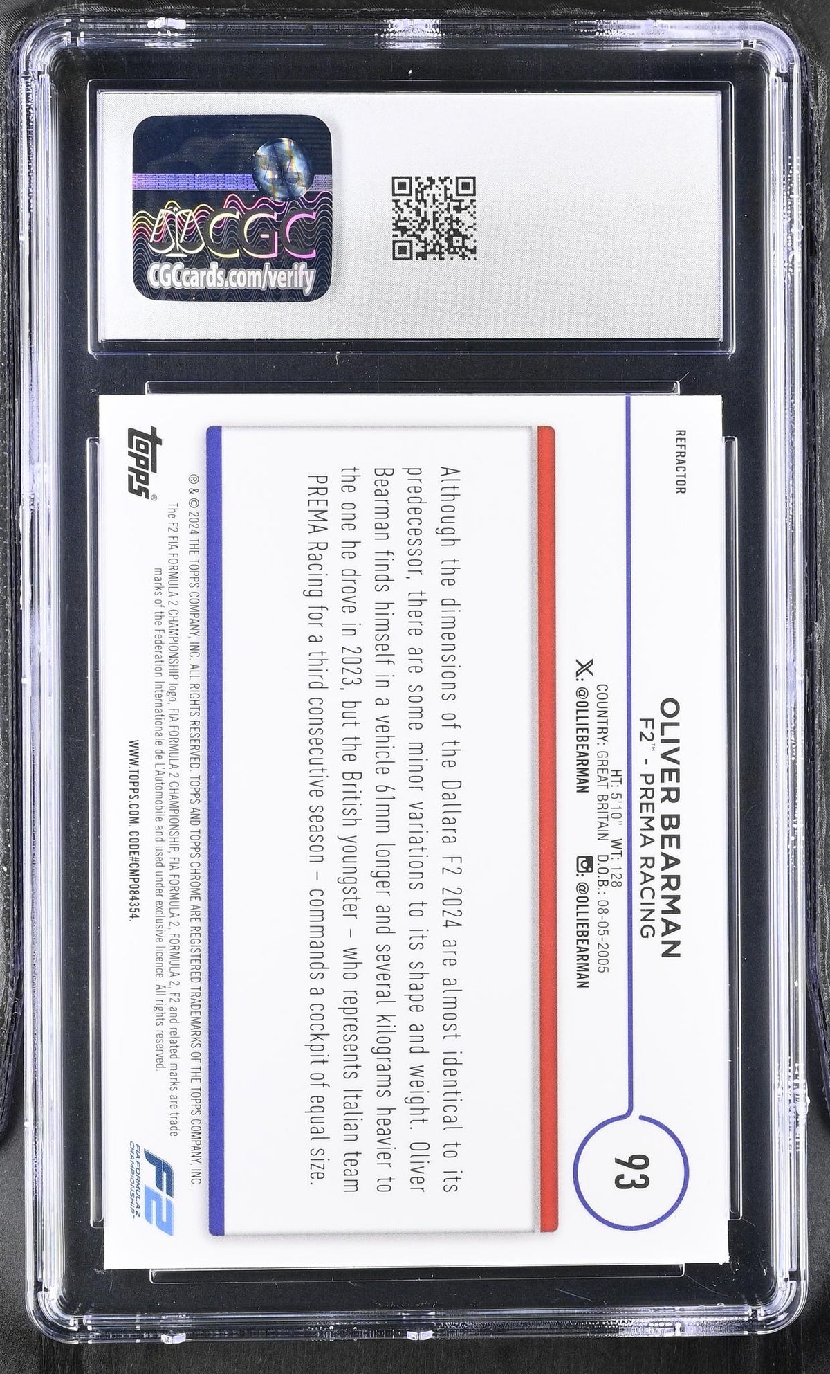 2024 Topps Chrome #93 Oliver Bearman Refractor CGC 10