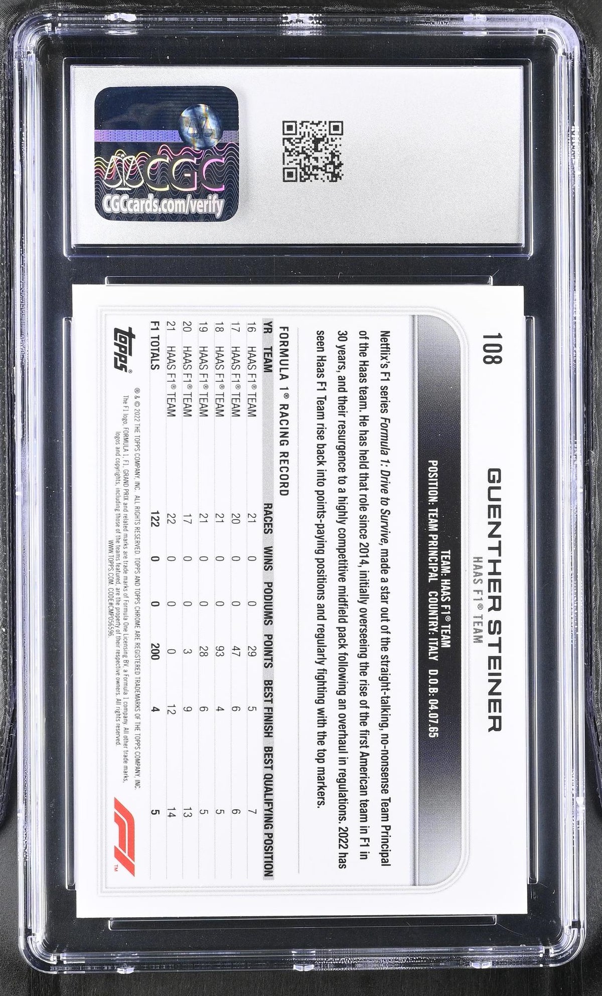 2022 Topps Chrome #108 Guenther Steiner Checker Flag Refractor CGC 10