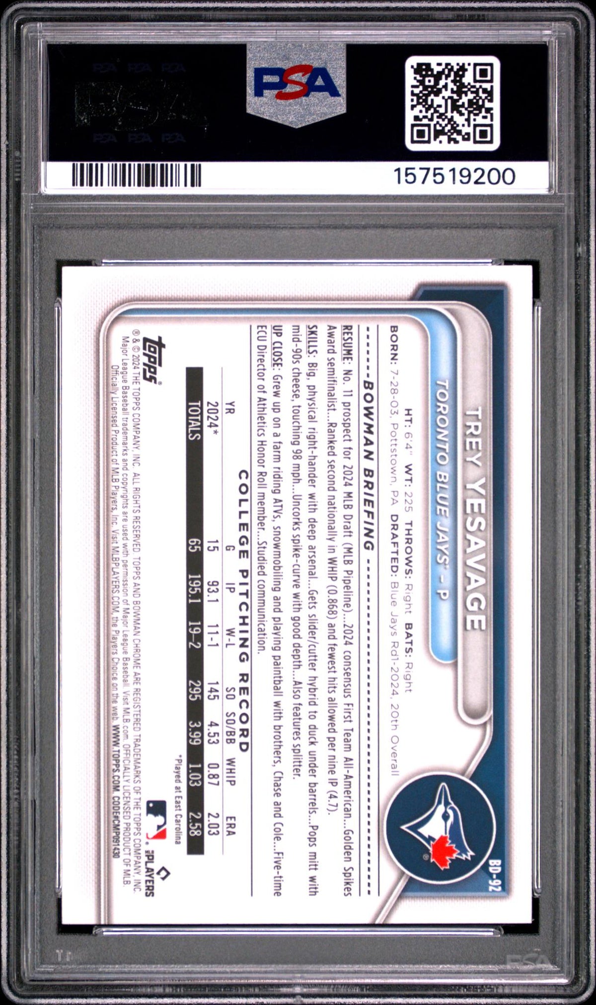 2024 Bowman Draft Trey Yesavage #BD-92 PSA 10