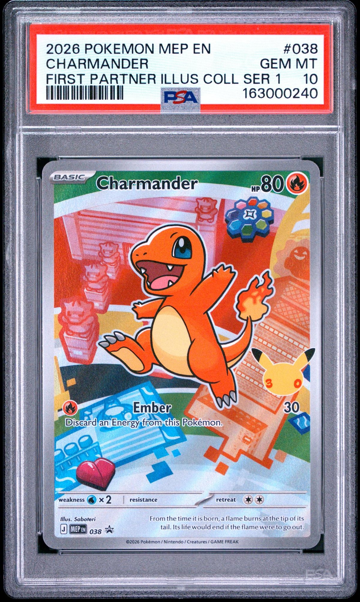 2026 Pokemon Black Star Mega Evolution First Partner Illustration Collection 30th Anniversary Series 1 Charmander #038 PSA 10