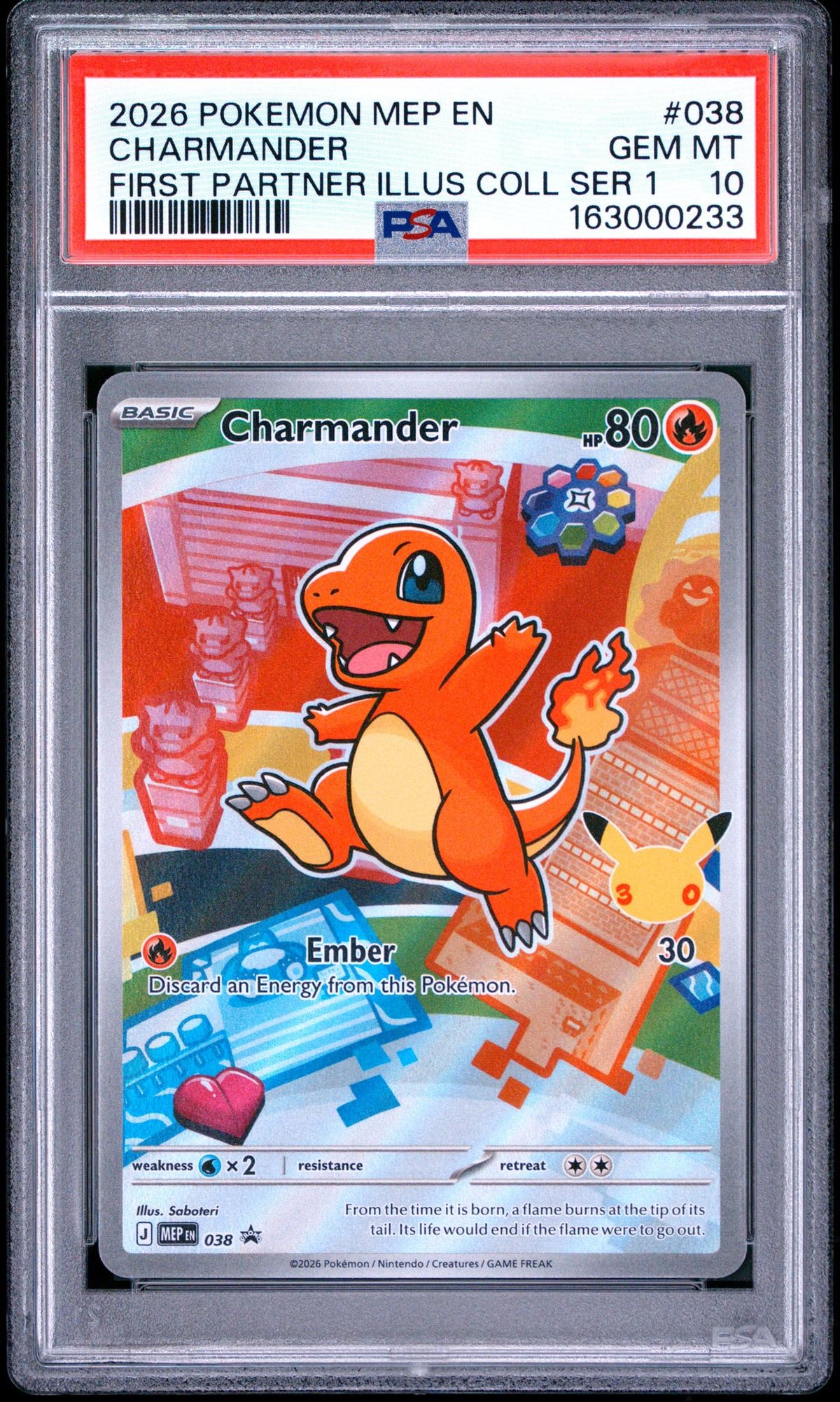 2026 Pokemon Black Star Mega Evolution First Partner Illustration Collection 30th Anniversary Series 1 Charmander #038 PSA 10