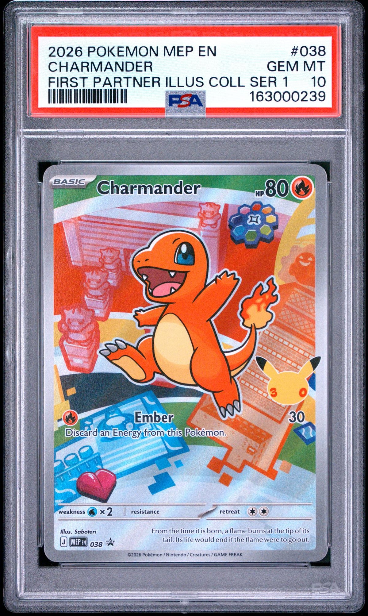 2026 Pokemon Black Star Mega Evolution First Partner Illustration Collection 30th Anniversary Series 1 Charmander #038 PSA 10