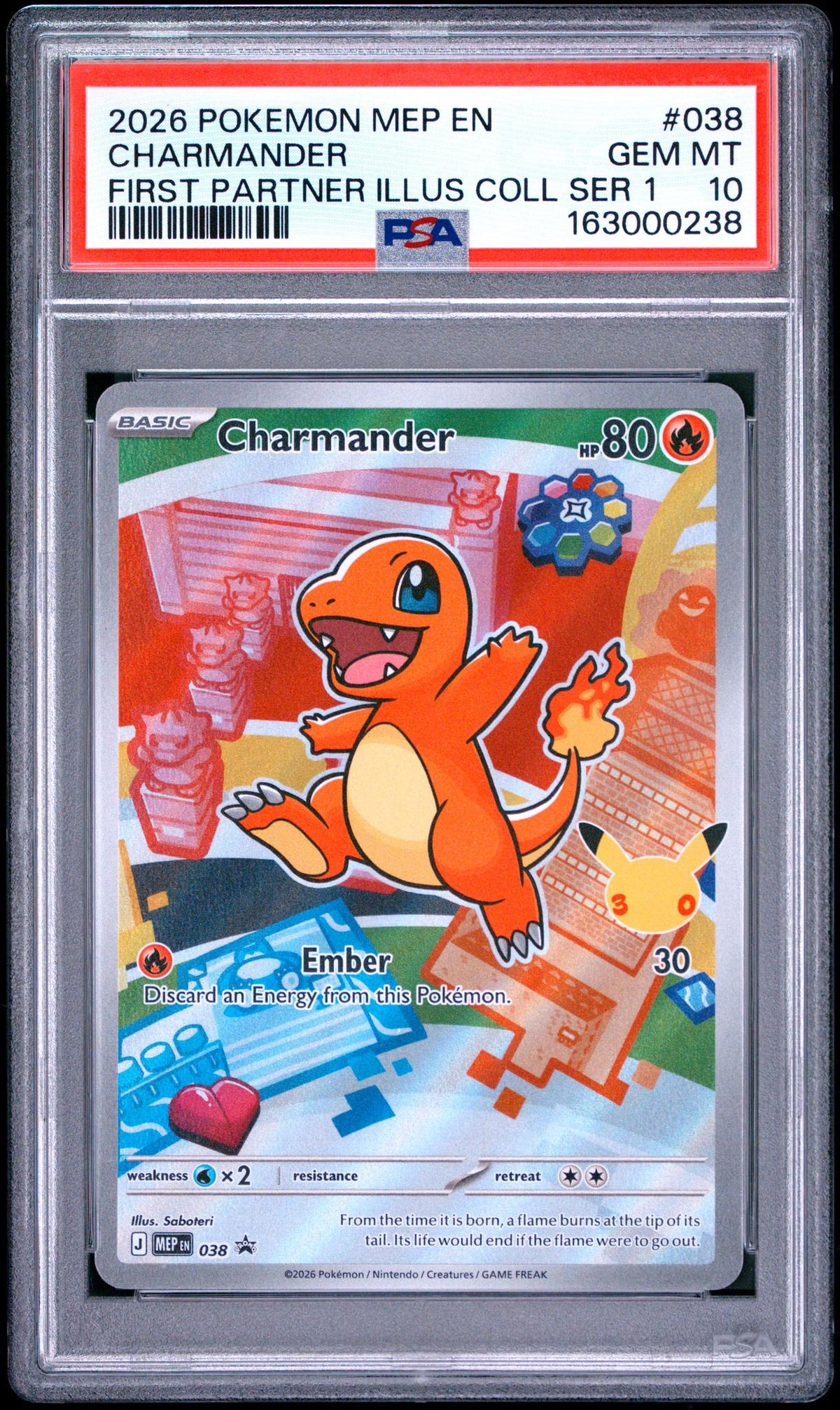 2026 Pokemon Black Star Mega Evolution First Partner Illustration Collection 30th Anniversary Series 1 Charmander #038 PSA 10
