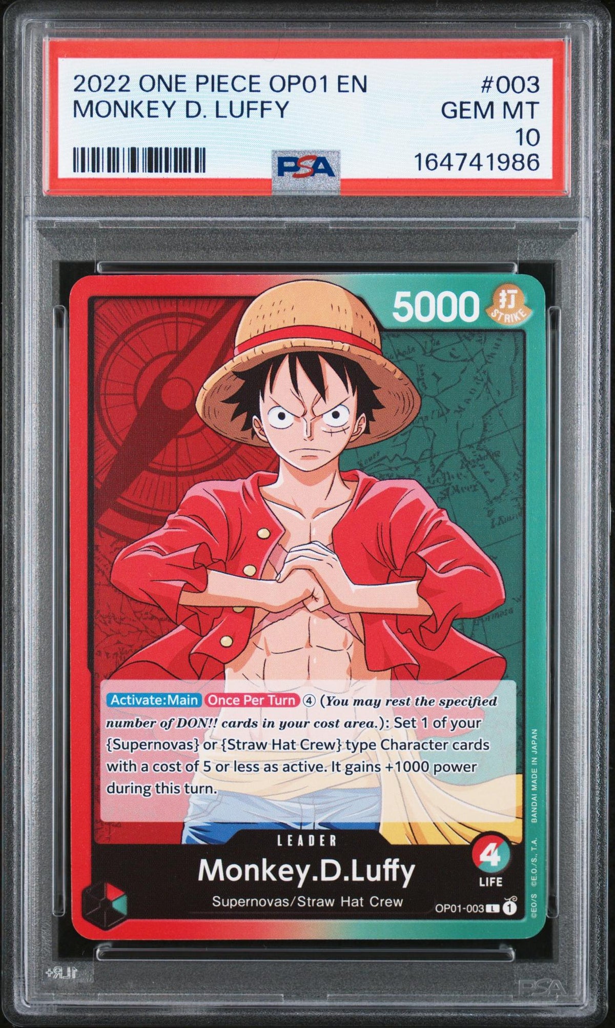 2022 One Piece Monkey D. Luffy #003 OP01 PSA 10