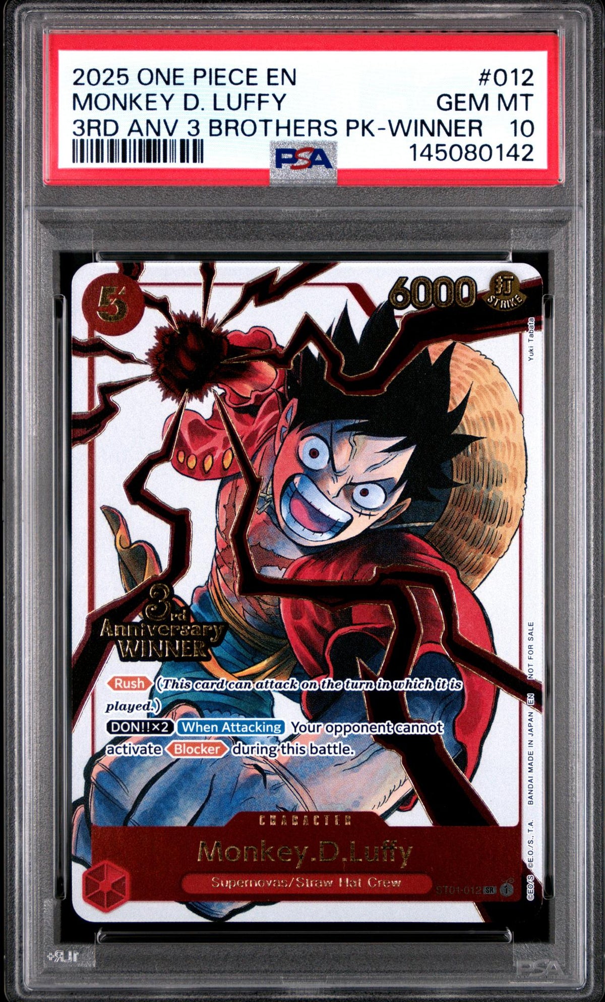 One Piece Card Game Monkey D. Luffy #012 3rd Anniversary Winner PSA 10