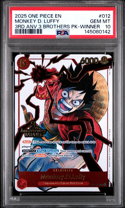 One Piece Card Game Monkey D. Luffy #012 3rd Anniversary Winner PSA 10