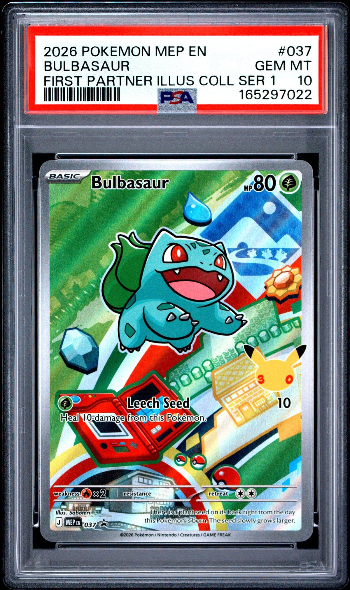 2026 Pokemon Mega Evolution First Partner Illustration Collection Series 1 30th Anniversary Stamp Bulbasaur #037 PSA 10
