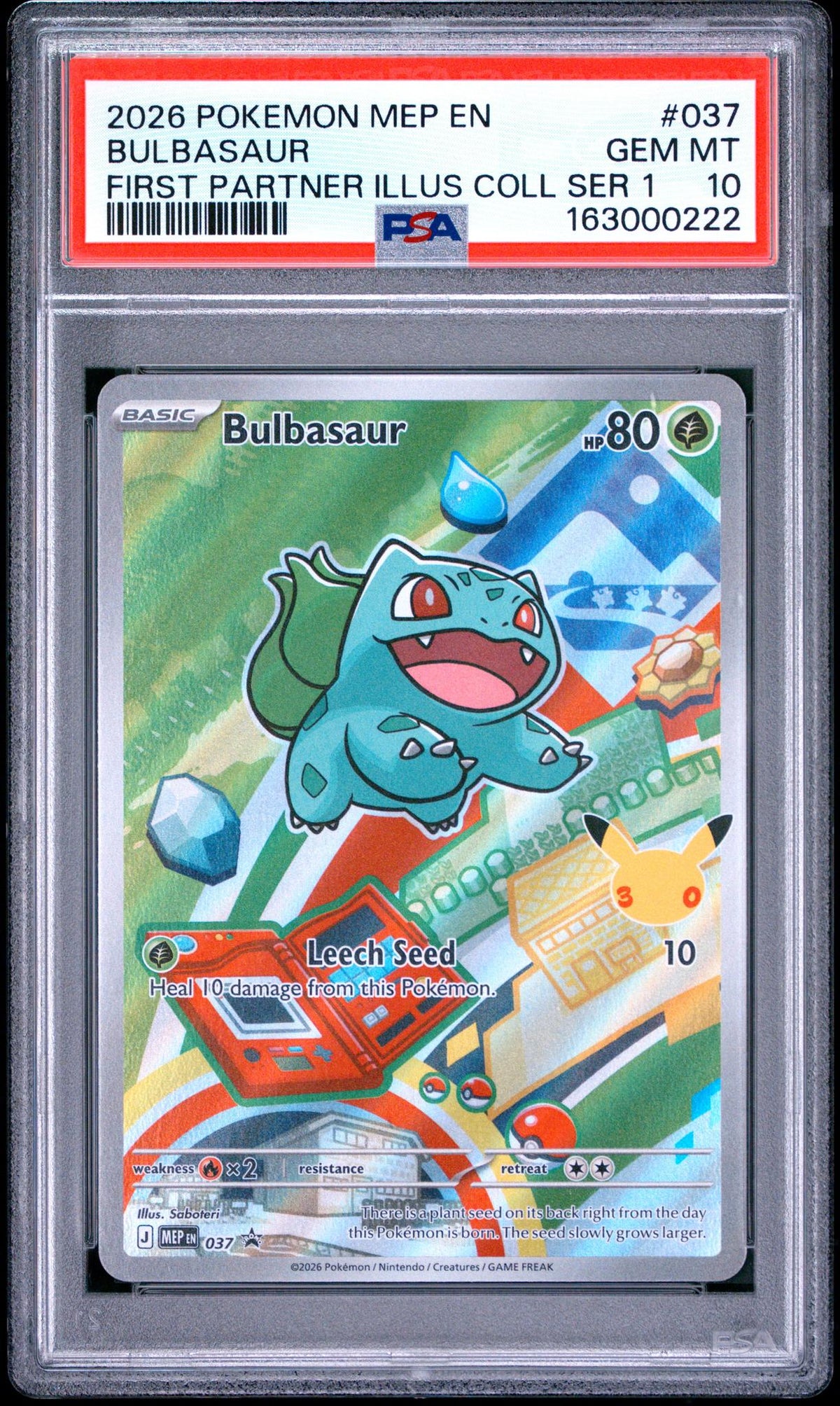 2026 Pokemon Mega Evolution First Partner Illustration Collection Series 1 30th Anniversary Stamp Bulbasaur #037 PSA 10