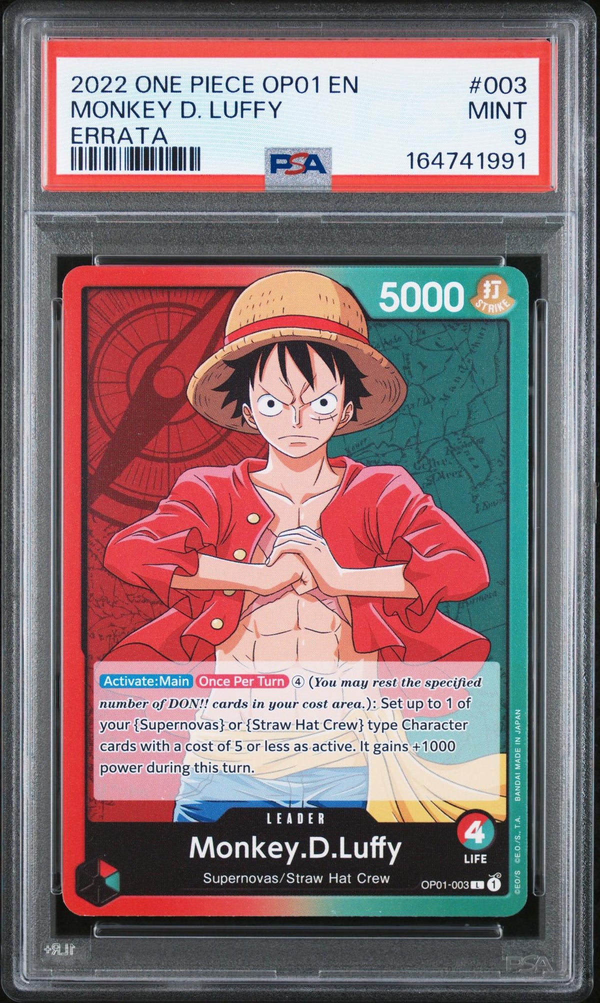 2022 One Piece Monkey D. Luffy #003 Errata PSA 9