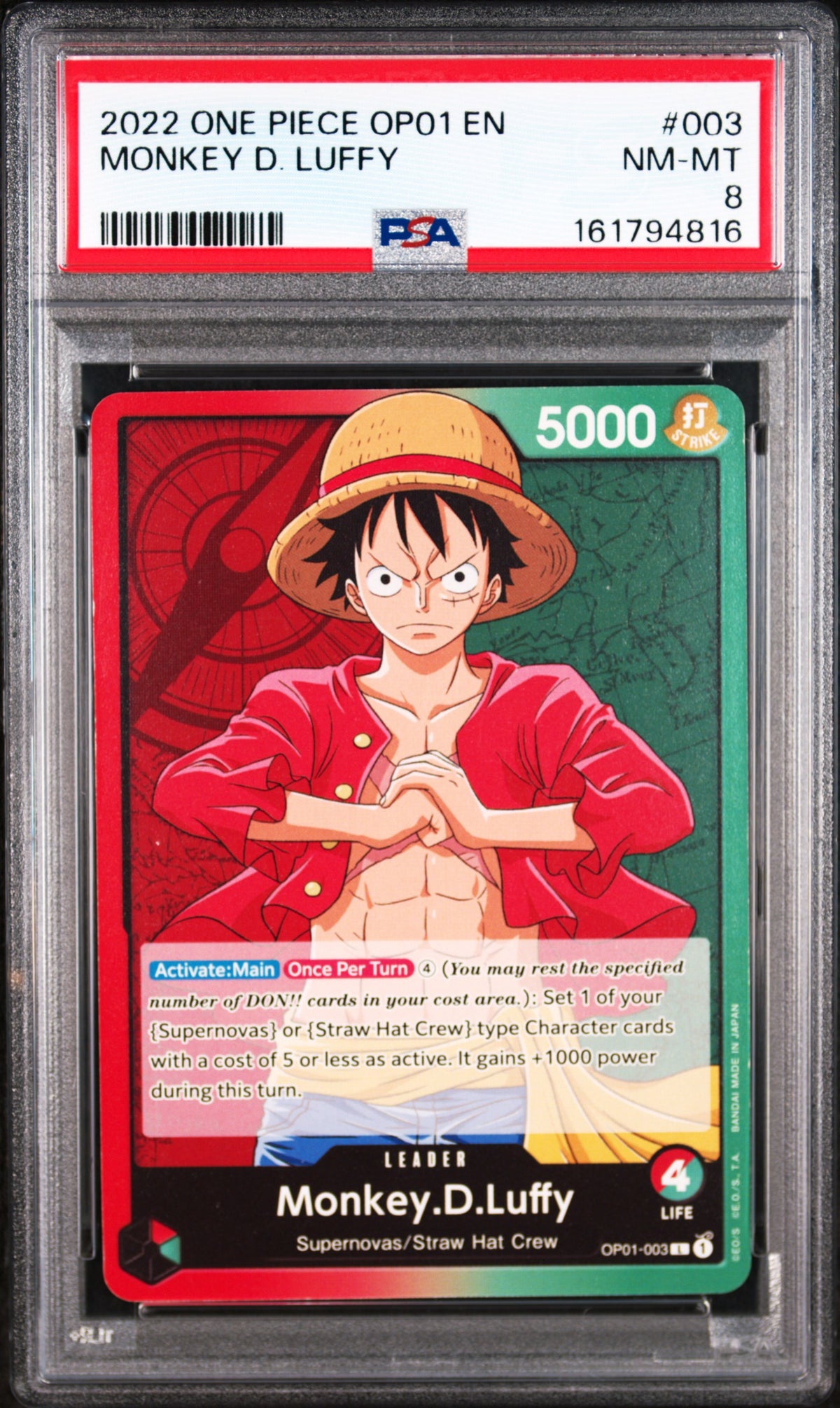 2022 One Piece Monkey D. Luffy #003 OP01 PSA 8