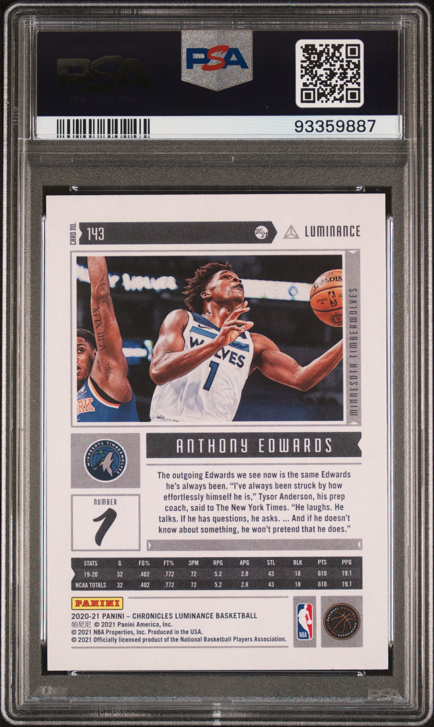 2020 Panini Chronicles Luminance Anthony Edwards #143 PSA 10