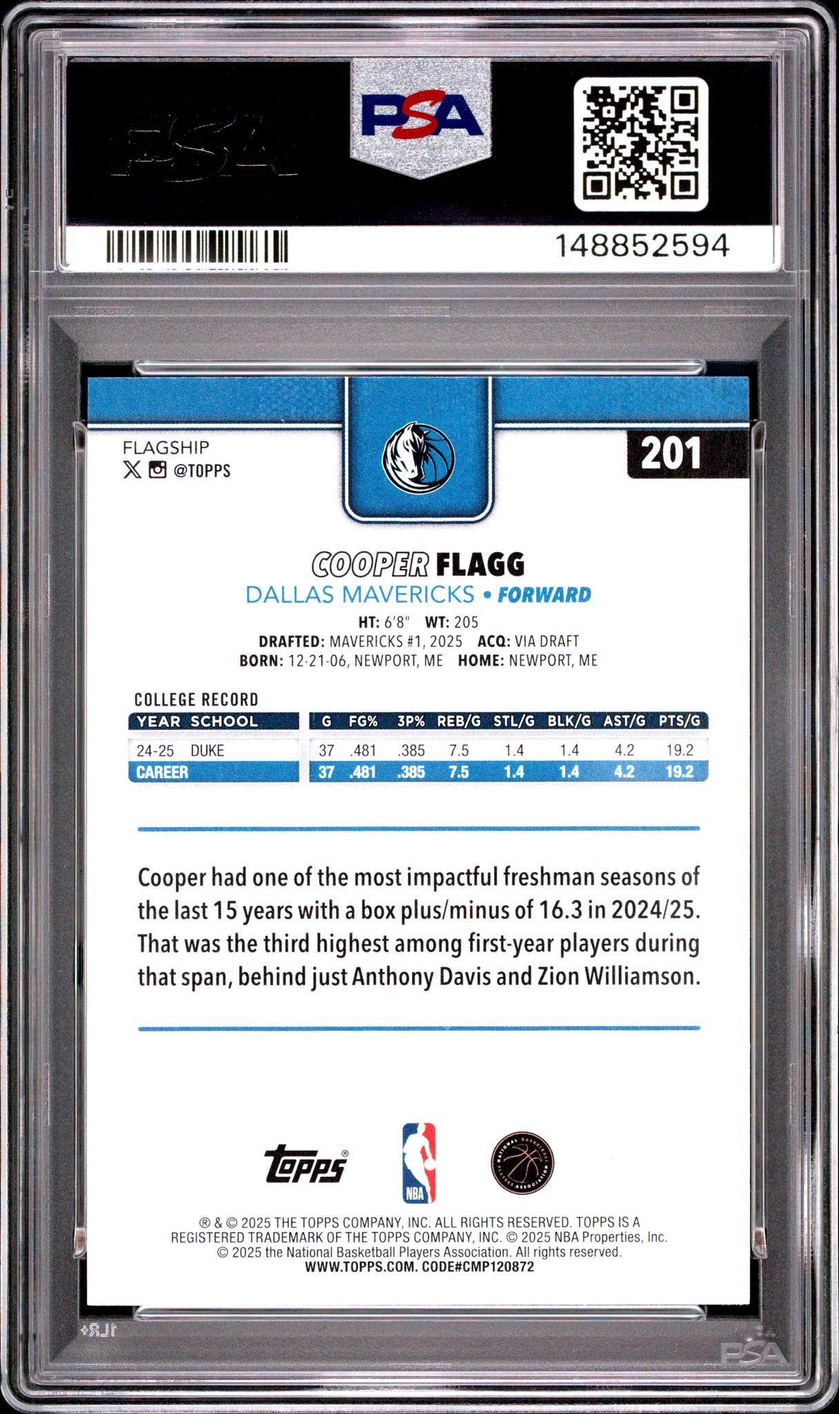 2025 Topps Cooper Flagg #201 PSA 10