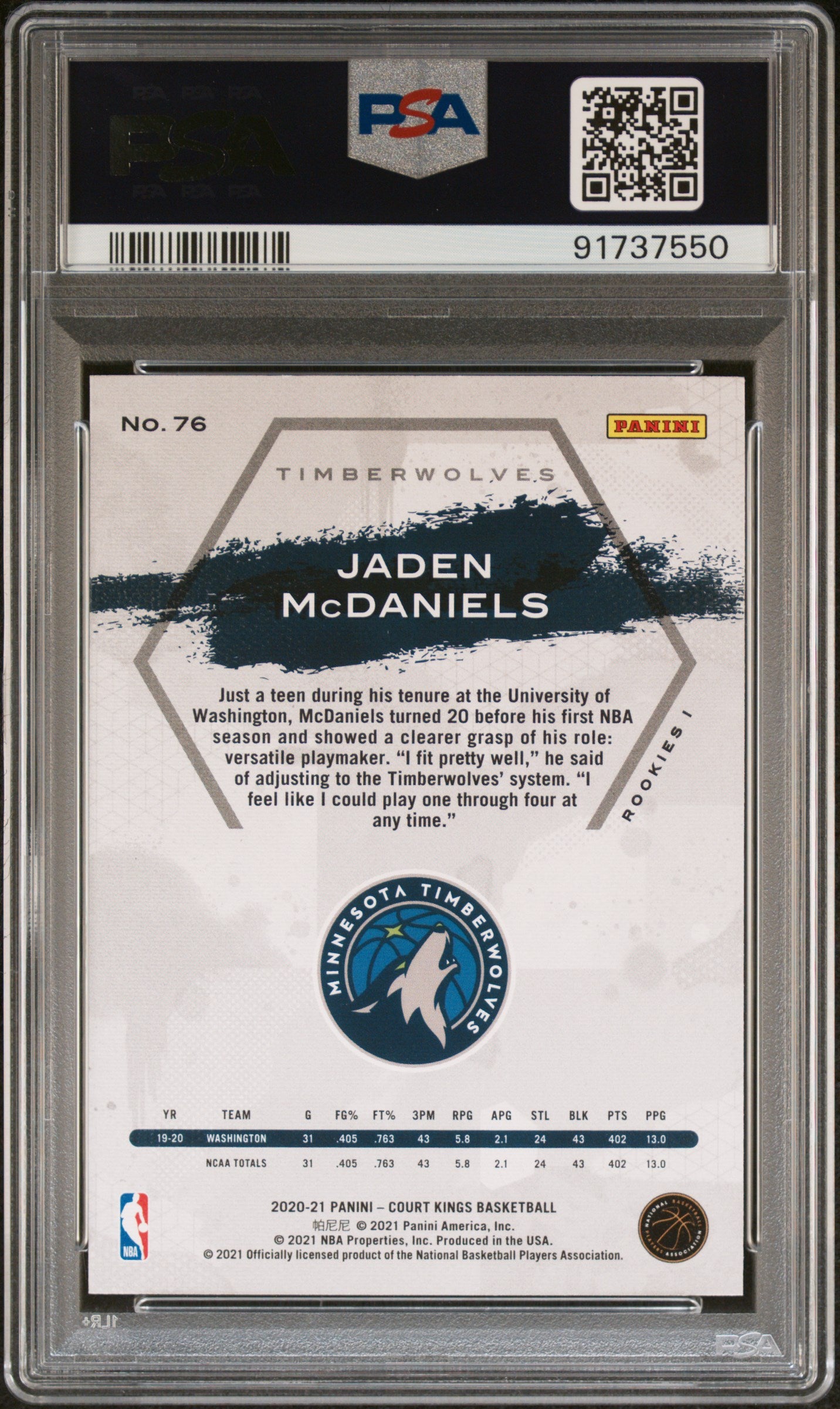 2020 Panini Court Kings Jaden Mcdaniels #76 PSA 9