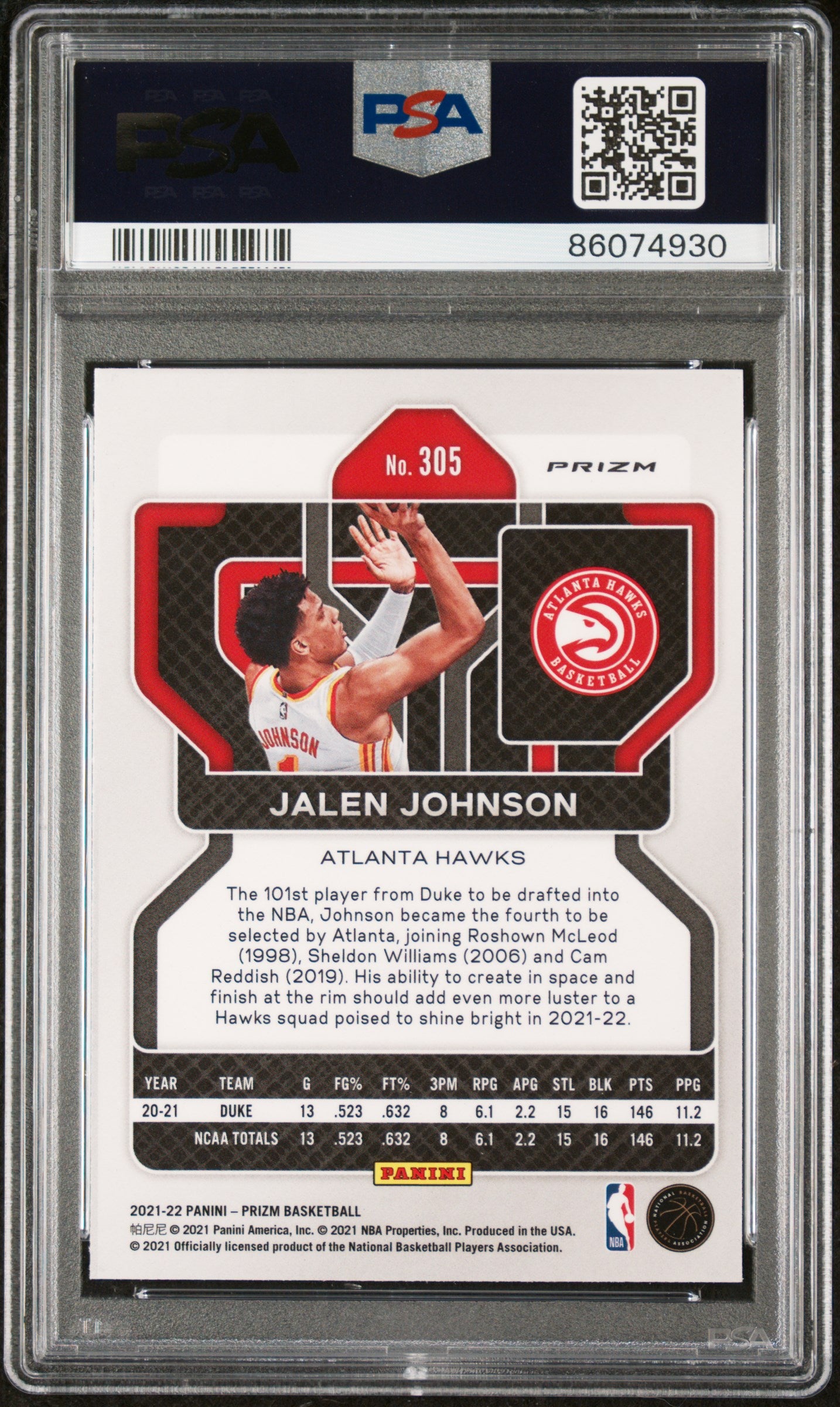 2021 Panini Prizm Red/White/Blue Prizm Jalen Johnson #305 PSA 8