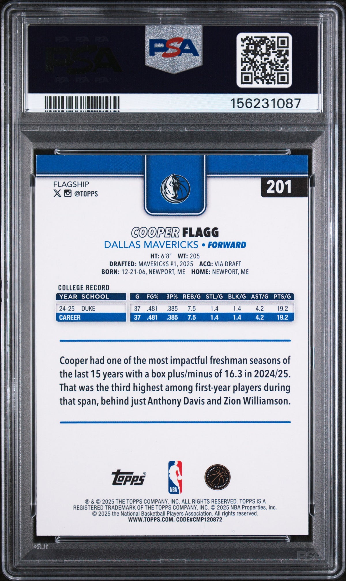 2025 Topps Cooper Flagg #201 PSA 9