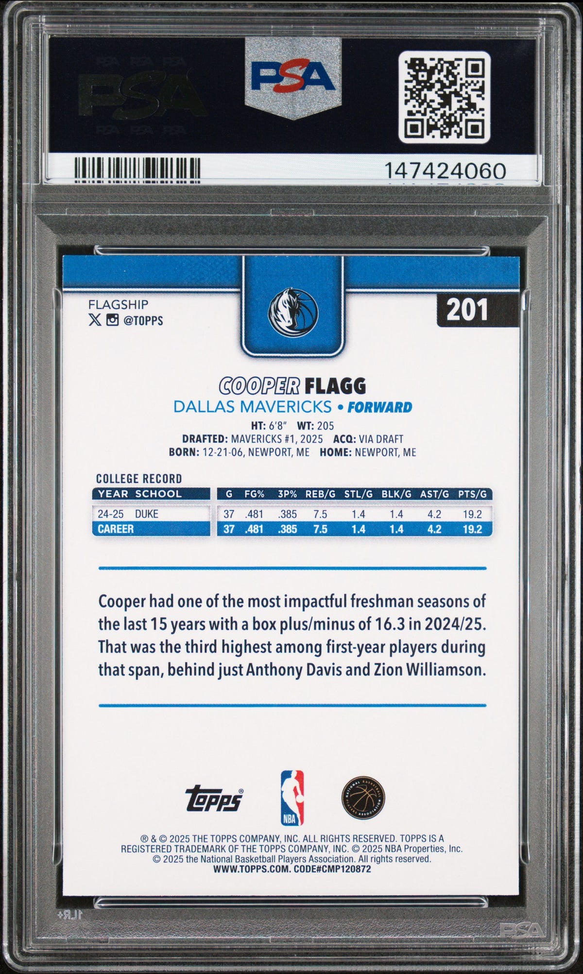 2025 Topps Cooper Flagg #201 PSA 9