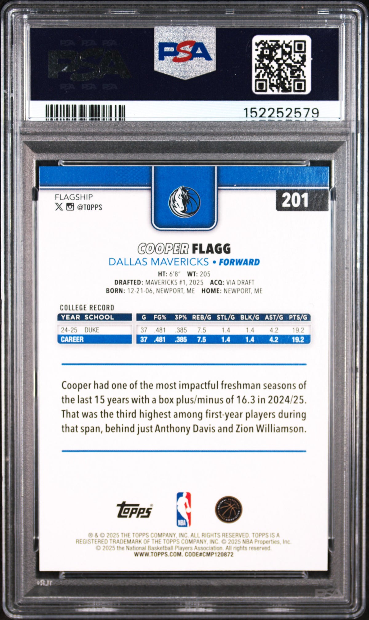2025 Topps Cooper Flagg #201 PSA 10