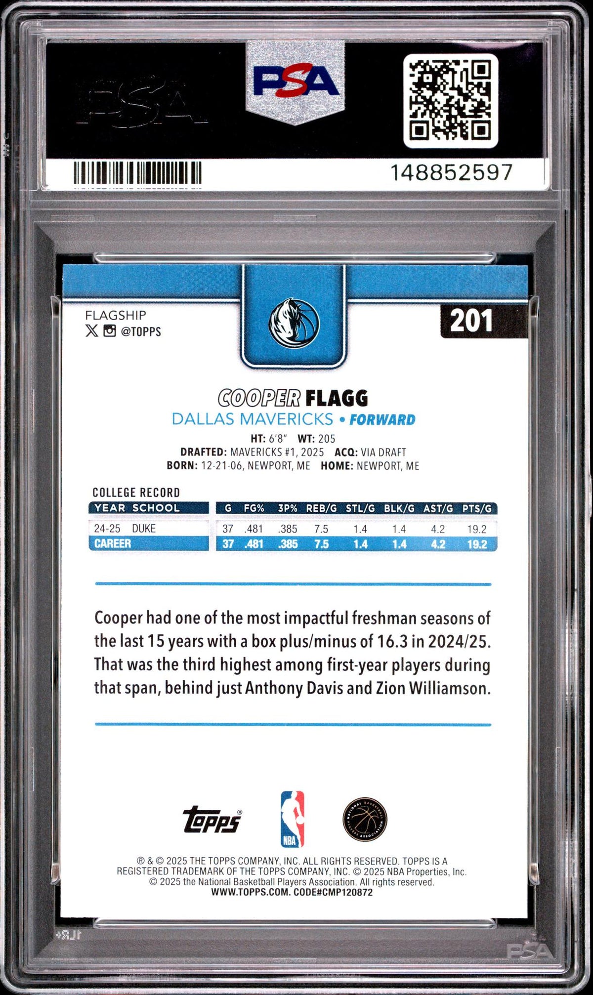 2025 Topps Cooper Flagg #201 PSA 10