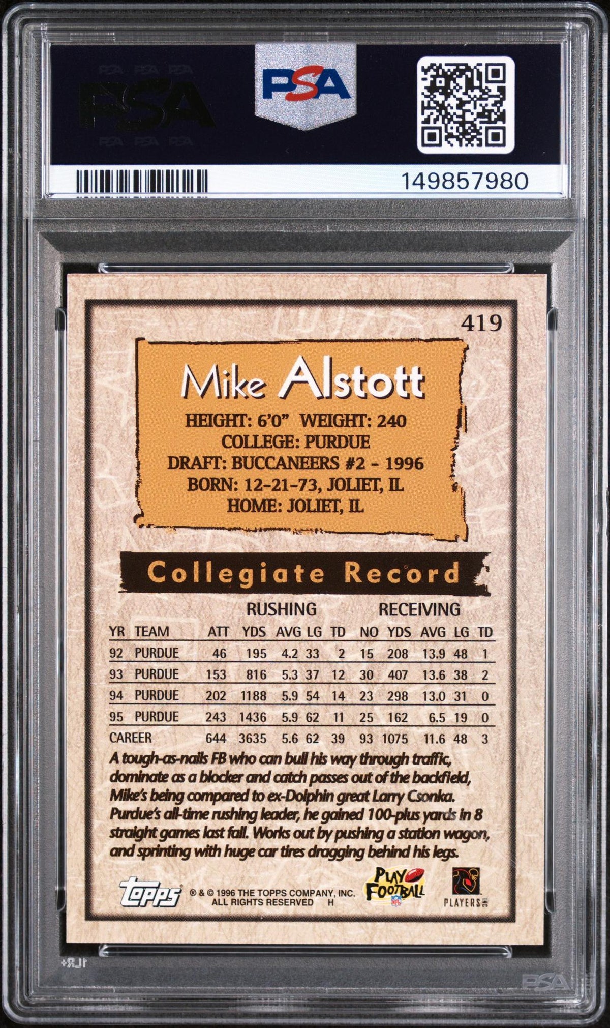 1996 Topps Mike Alstott #419 PSA 10