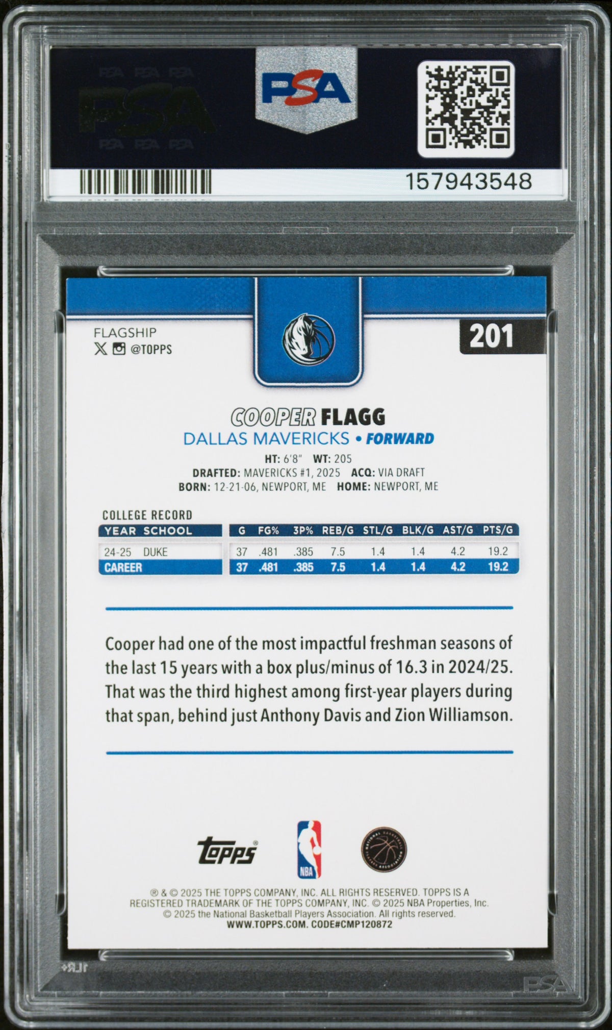 2025 Topps Cooper Flagg #201 PSA 9
