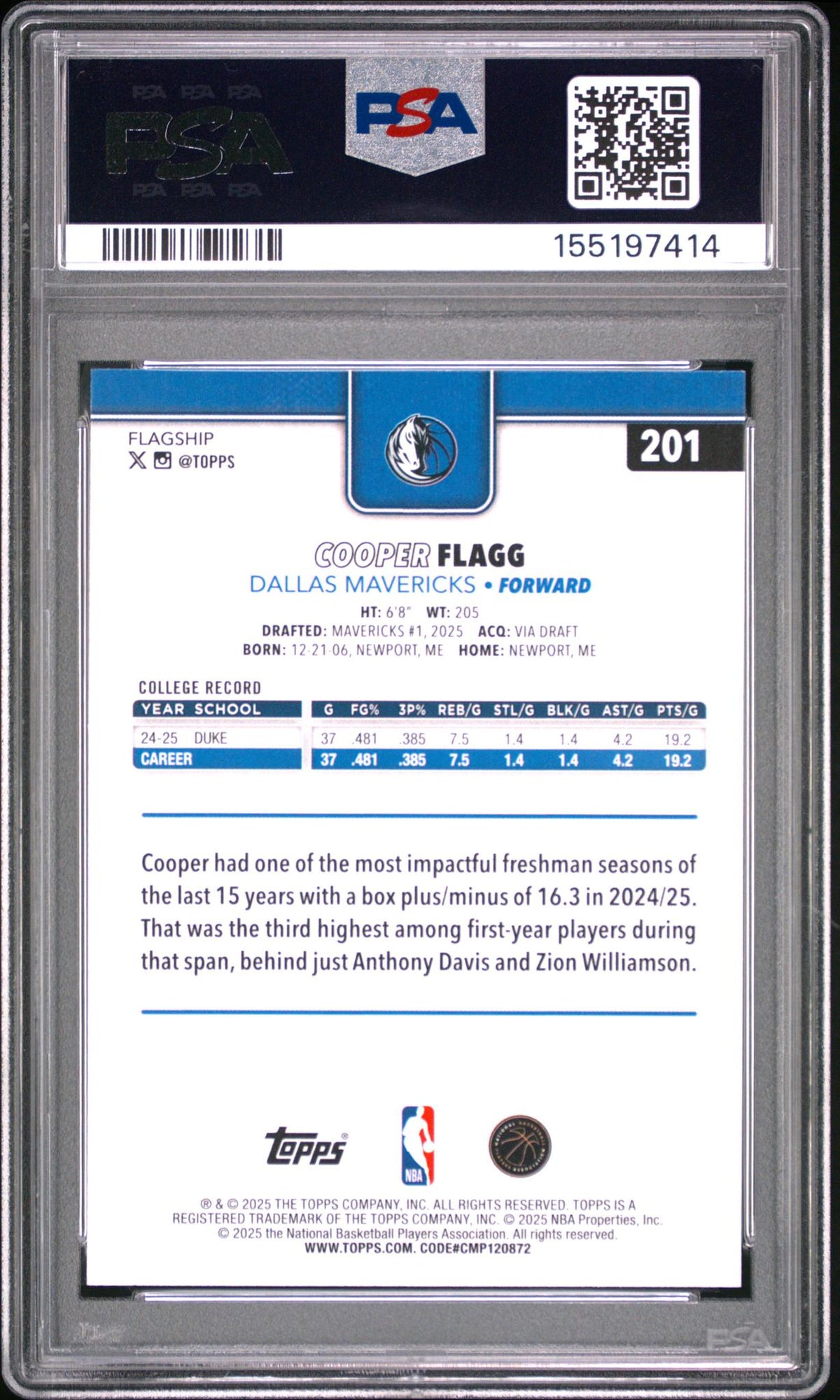 2025 Topps Cooper Flagg #201 PSA 10