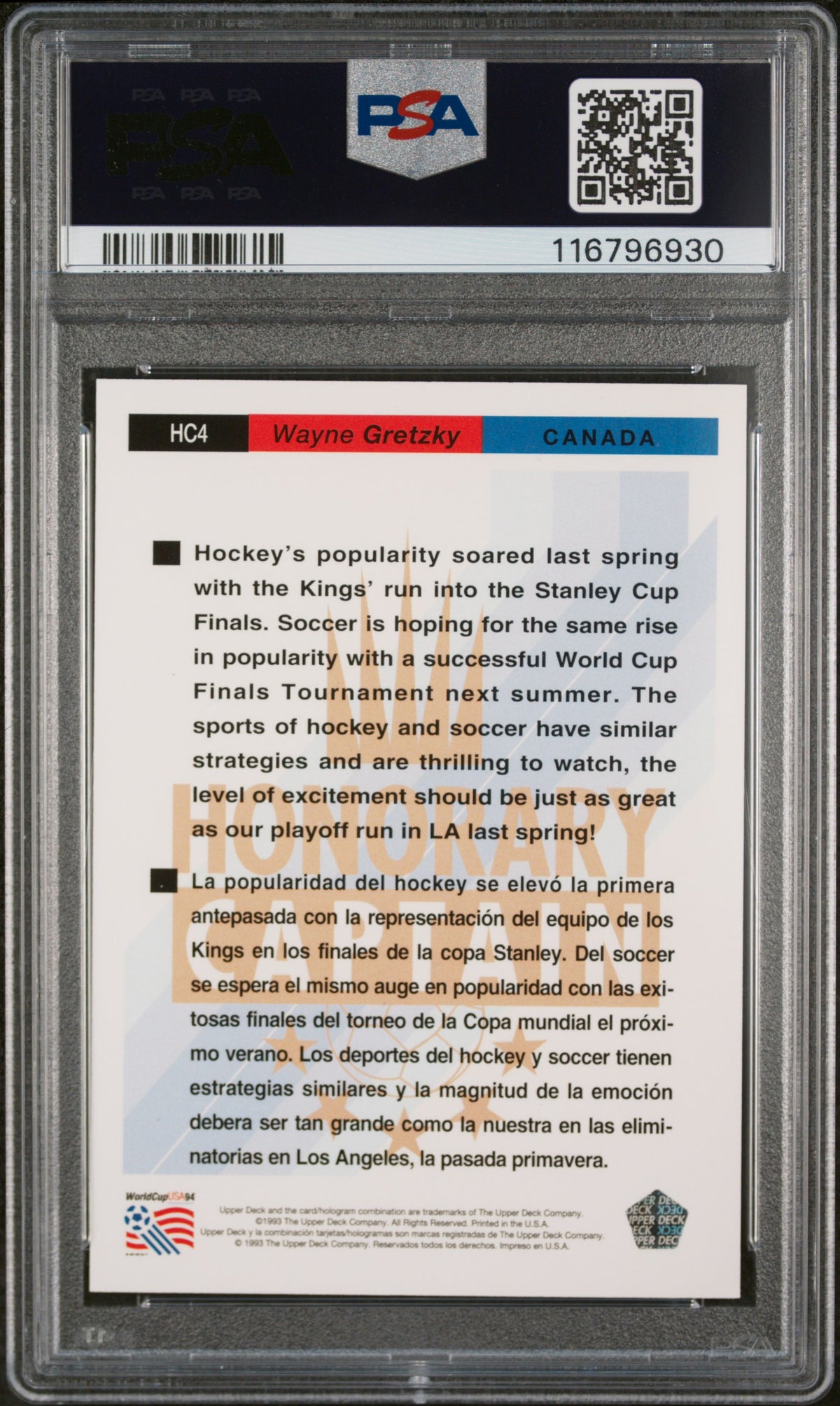 1993 Upper Deck World Cup 1994 Preview English/Spanish Honorary Captain Wayne Gretzky #HC4 PSA 8
