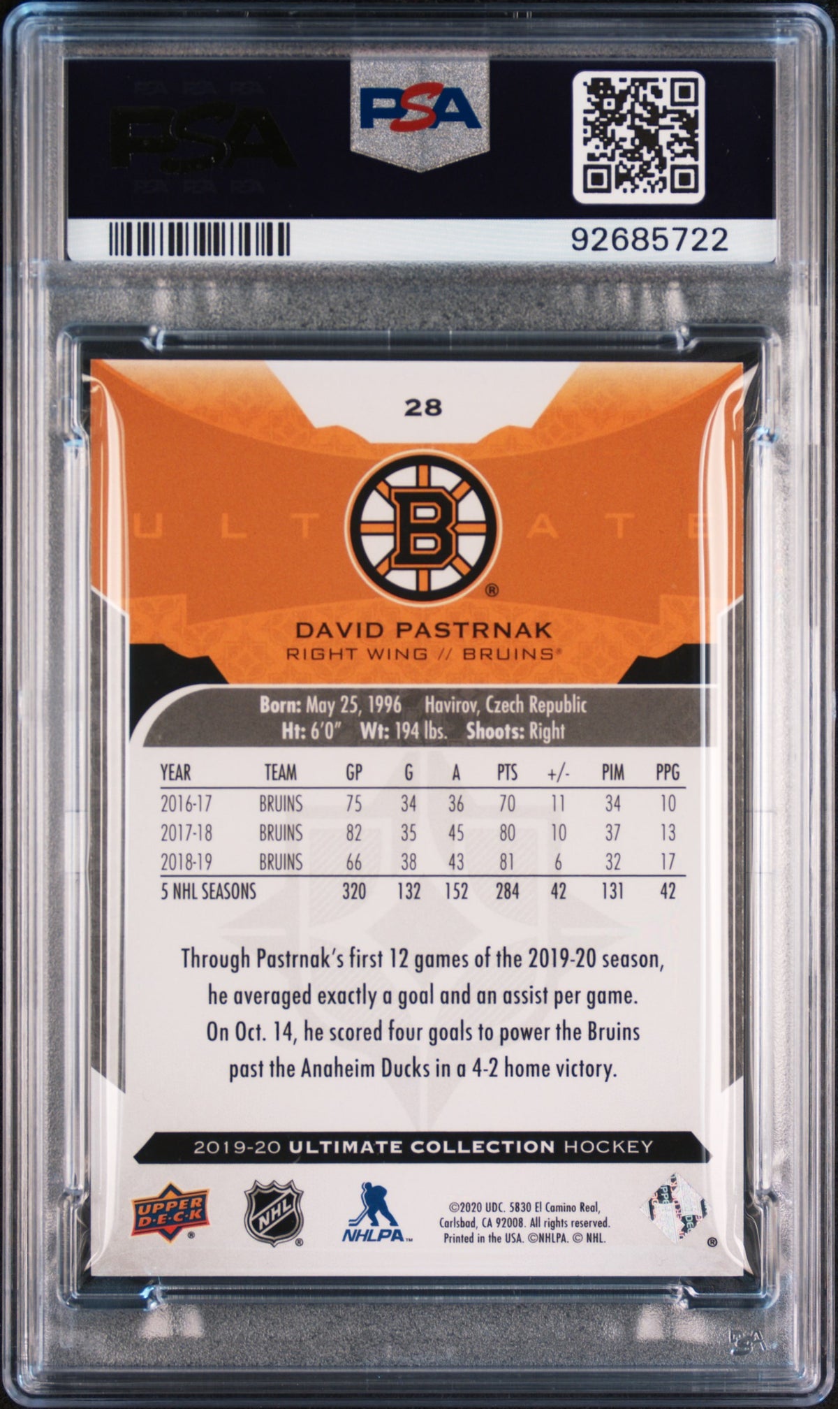 2019 Upper Deck Ultimate Collection David Pastrnak #28 /149 PSA 6