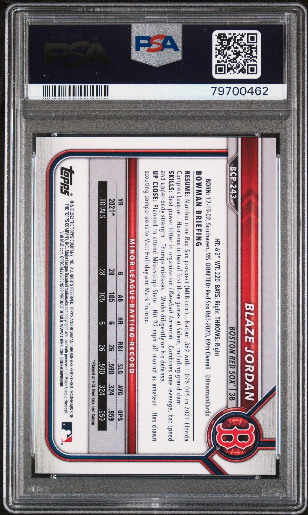 2022 Bowman Chrome X Prospects Blaze Jordan #243 PSA 10