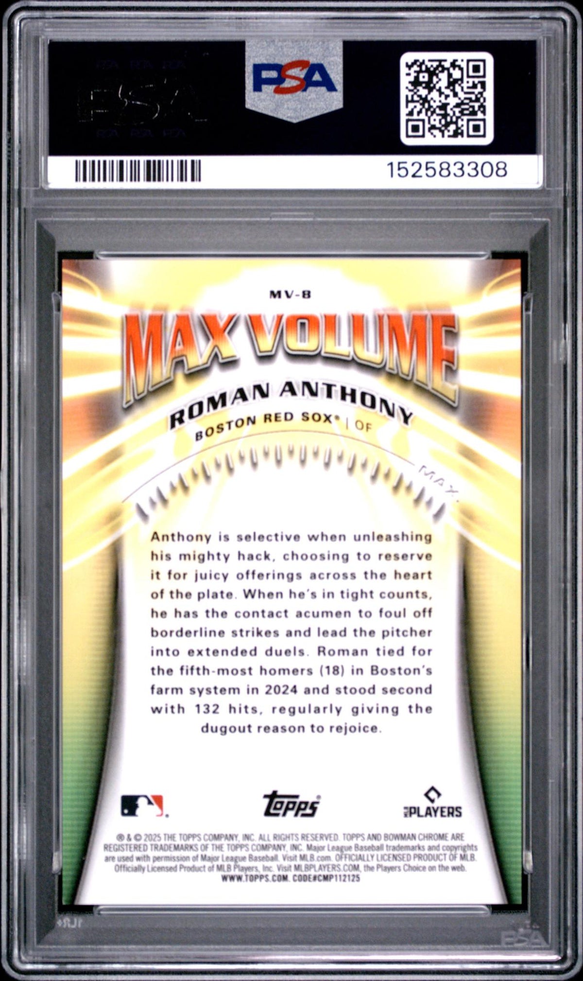 2025 Bowman Chrome Max Volume Mini Diamond Roman Anthony #MV-8 /150 PSA 10