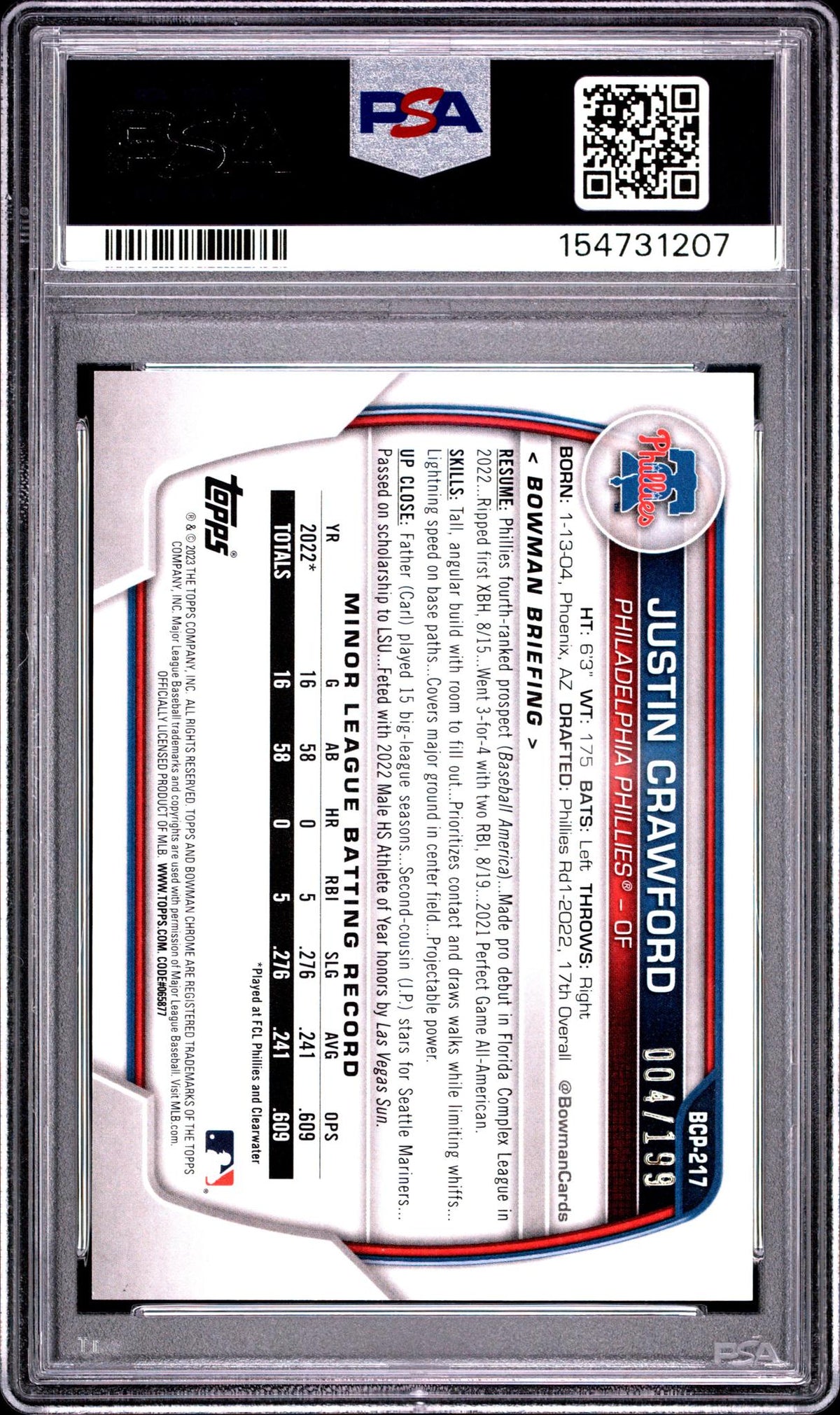 2023 Bowman Chrome Prospects Fuchsia Shimmer Justin Crawford #BCP217 /199 PSA 9